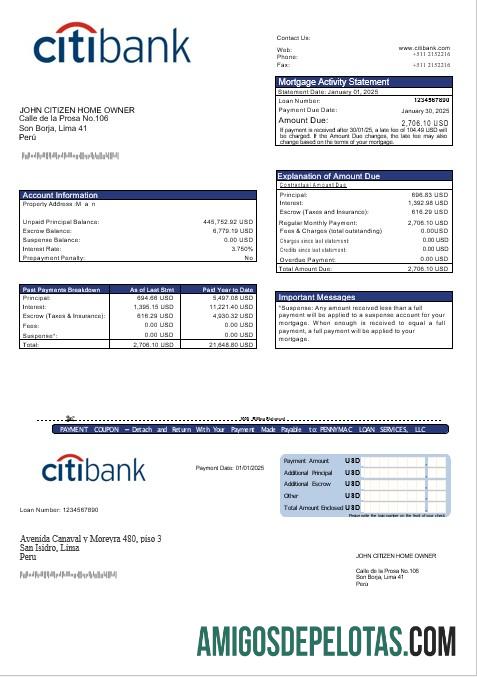 Extrato de hipoteca do Peru Citibank em formatos Word e PDF exemplo